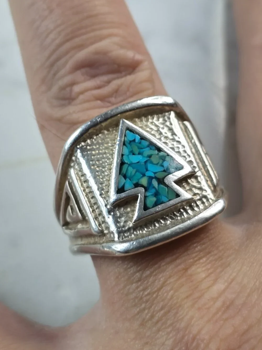 Mens Vintage Estate Sterling Silver Mosaic Turquoise Arrowhead Ring 13.4g E5552